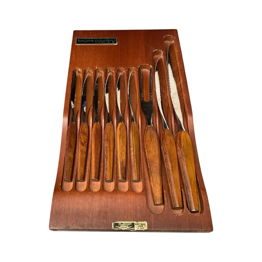 Vtg Steak knife set Town & Country By Washington forge stainless/wood 9 pc
